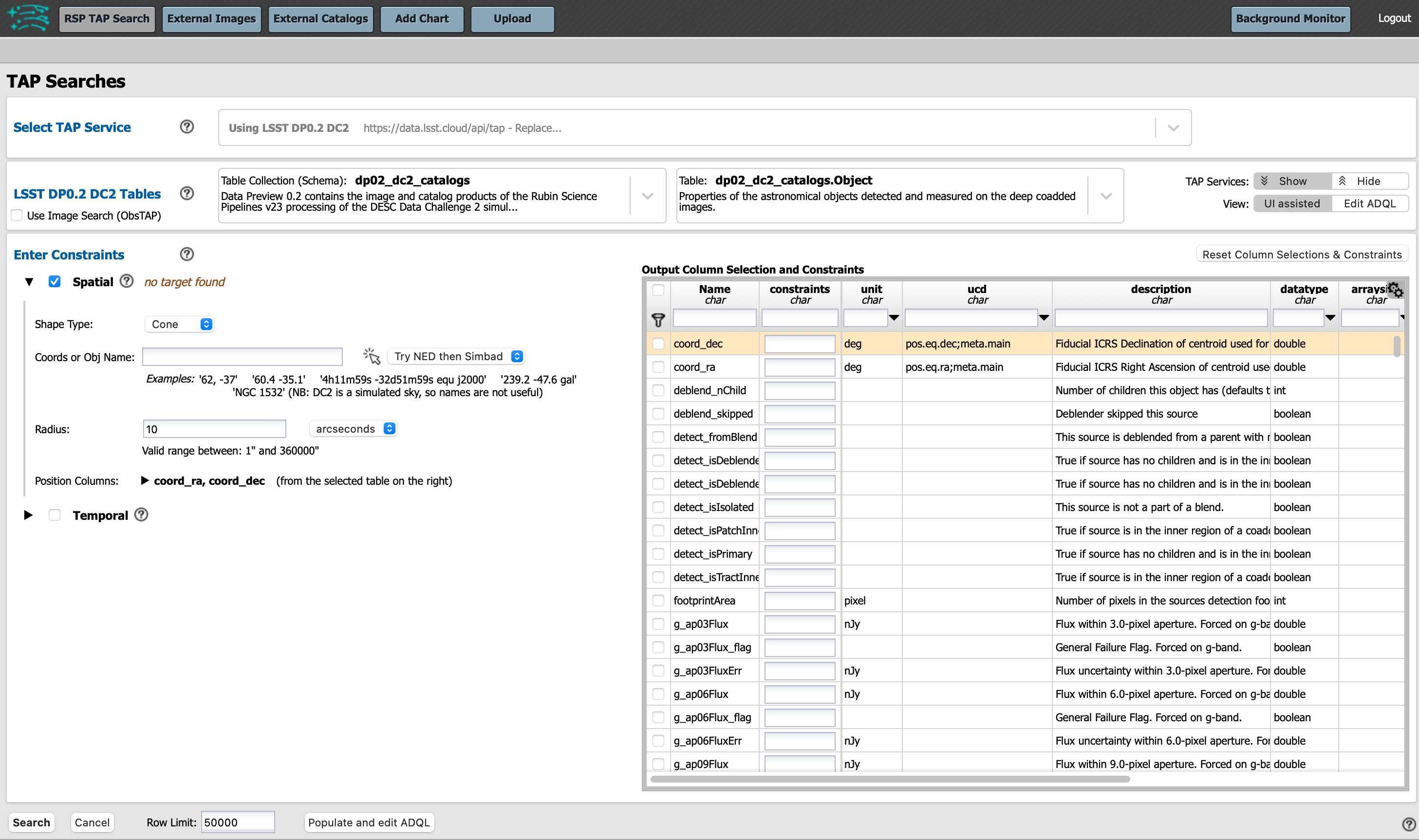 Screenshot of the defult view of the rubin science platform portal interface for single table queries. From this window the user can select the type of search, tables to search, select various constraints, and can select the number of rows to return.