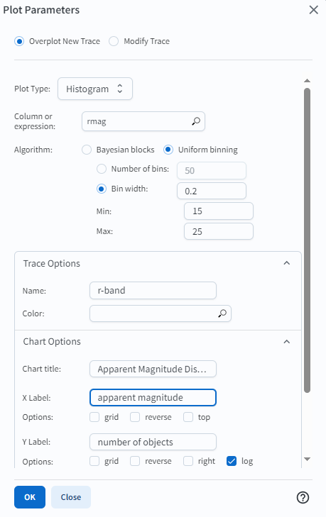 A screenshot of the plot parameters pop-up window showing how to overplot a new trace and add the r-band histogram.