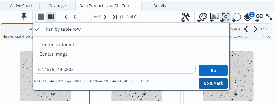 This image is a pop up selection box and pan by table row is selected.  The center of the selection box allows the user to enter the coordinates on which to center the image. In this case, the quote Center on unquote coordinates are for the known position of a supernova.  To the right of the input area are buttons for go and go and mark, which will mark the coordinate position on the resulting image