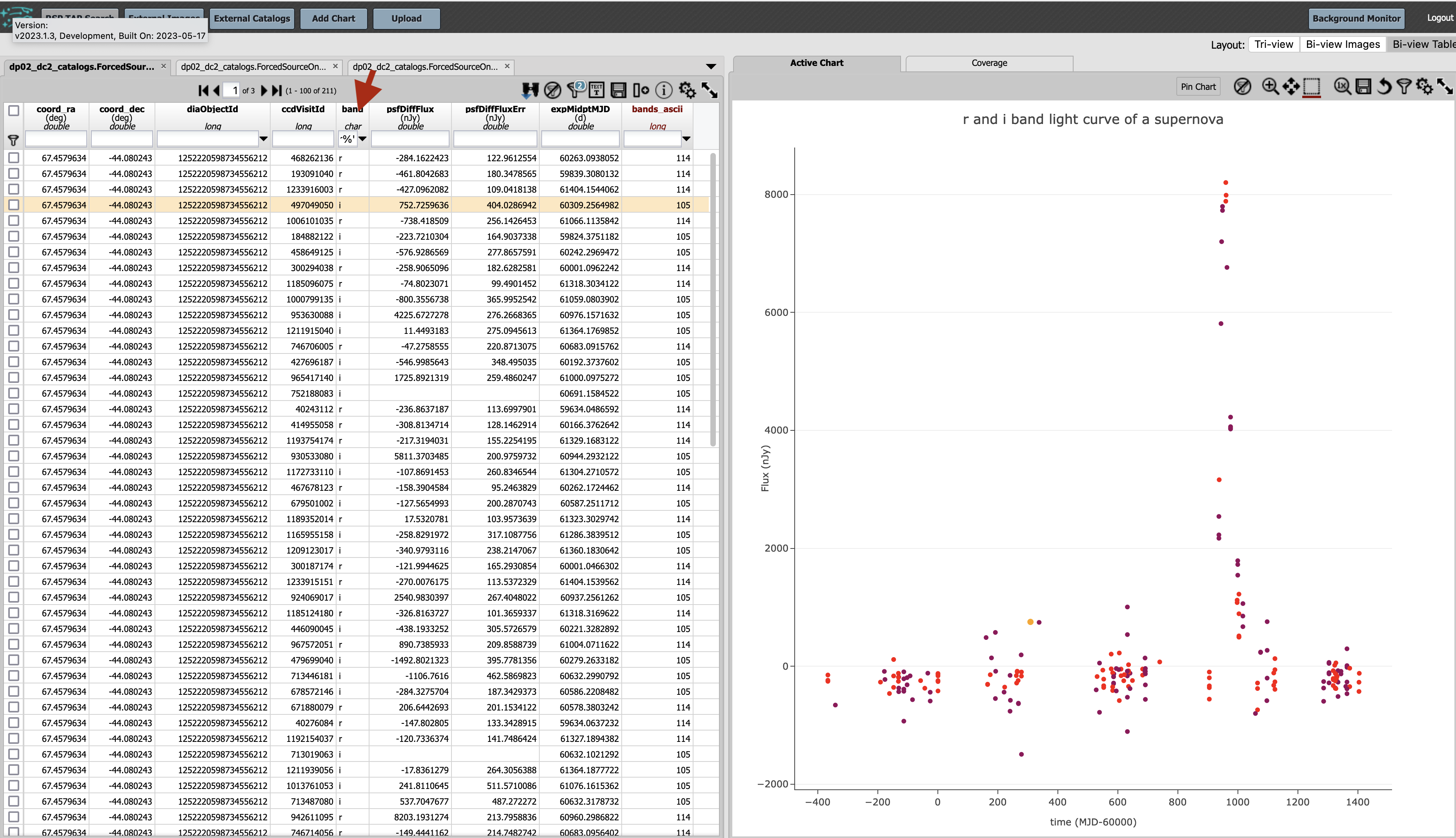 A screenshot of the results table and a two-band lightcurve.