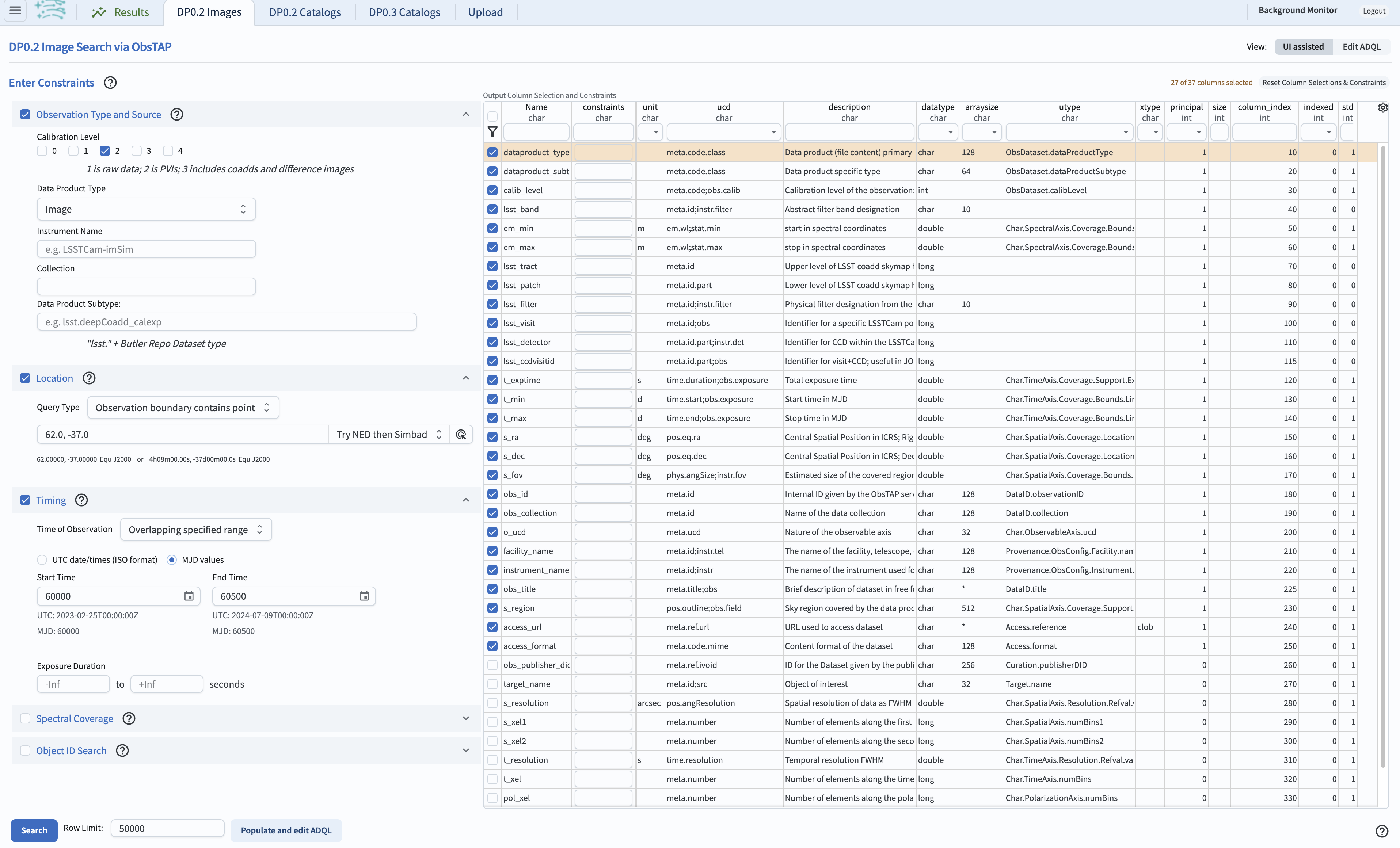 Screenshot of the user interface query for the portal aspect.  The user can select the type of service to use for the query and enter constraints to access the data they need. The default interface for the "Image Search (ObsTAP)" queries, with example search parameters.