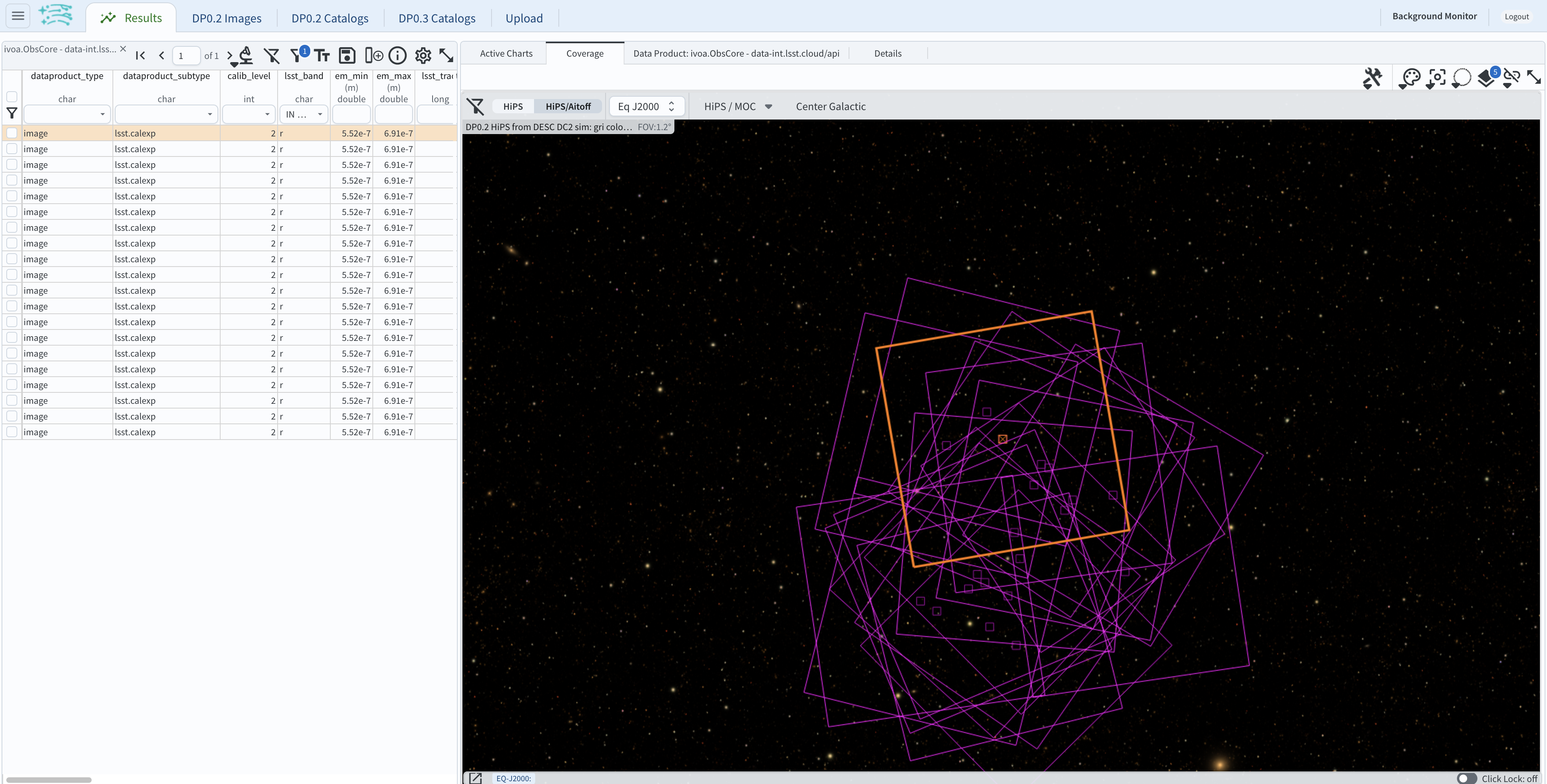 This image is a screenshot of a results interface display in the Portal aspect. At right the bounding boxes for images returned by the query are drawn onto an image of the night sky. At left there is a table which lists metadata such as visit identifier and units for the images returned by the query.  The image demonstrates how users can click on a row in the table at left and the corresponding bounding box will be highlighted at right.  The Portal "Results" view shows the bounding boxes of the retrieved DP0.2 images overplotted on a 2MASS image (in the future, the underlay will be LSST data) at the right, and the table of retrieved DP0.2 image metadata at left.  The orange box at right corresponds to the yellow row at left.