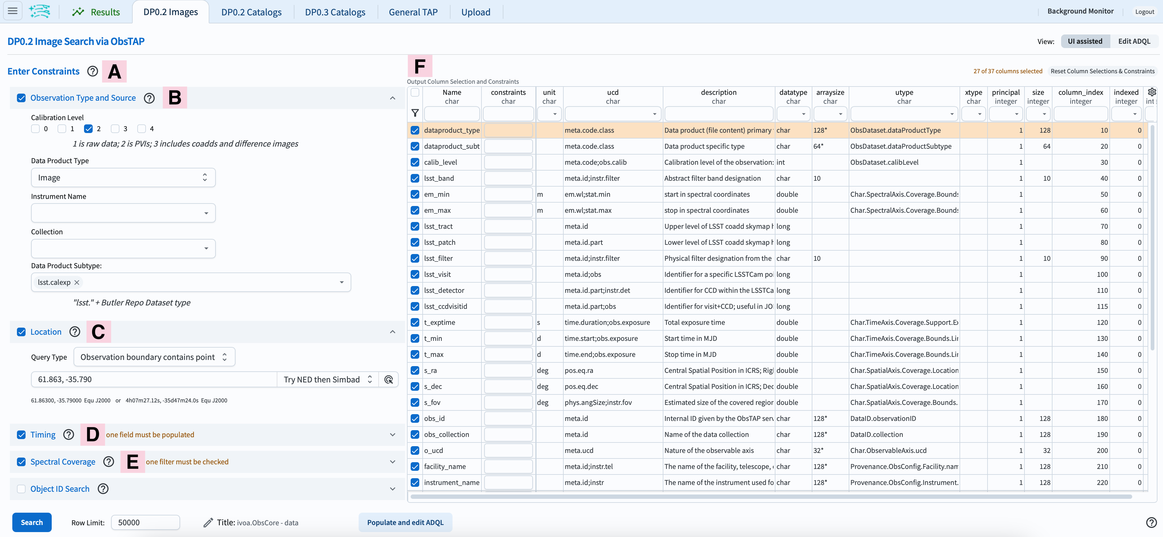 A screenshot of the DP0.2 image search landing page, annotated with labels.
