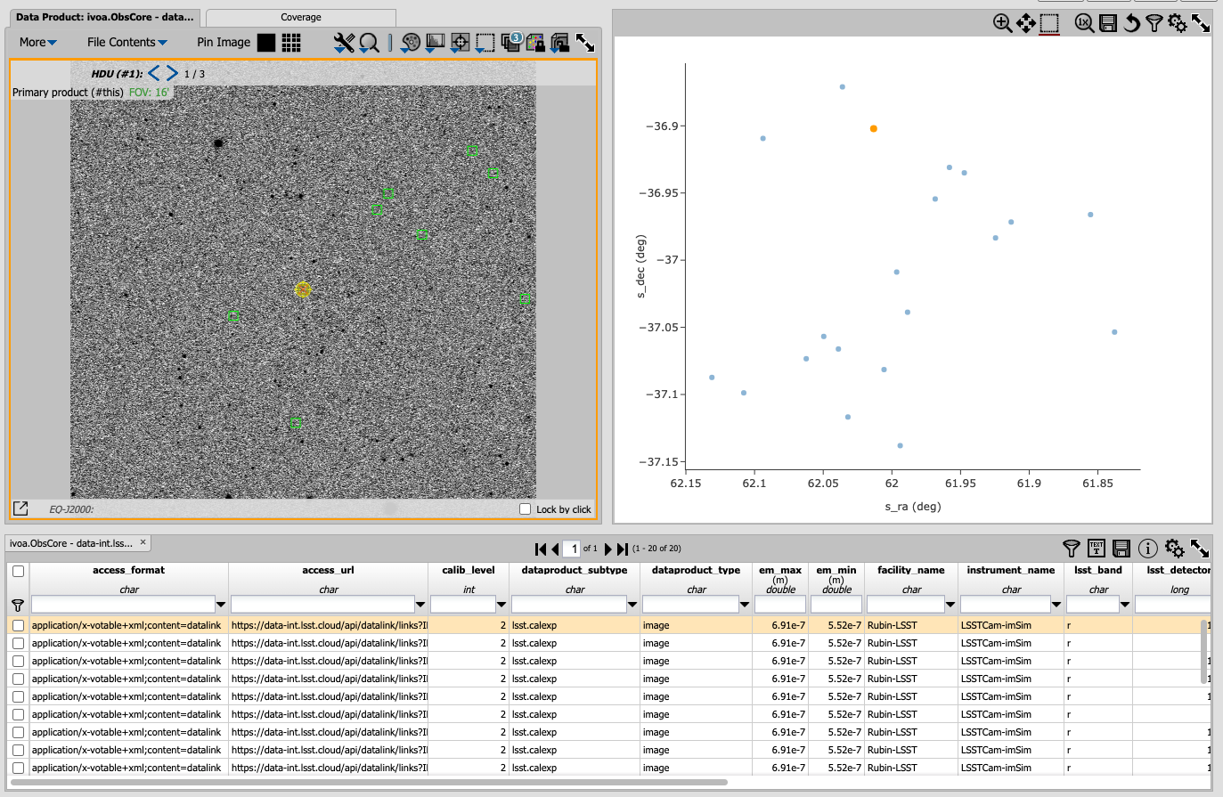 A screenshot of the results view from submitting the query described above.  The upper left image is an image of the sky.  The upper right image shows the cartesian scatter plot resulting from the query.  The bottom section is the data table resulting from the query.