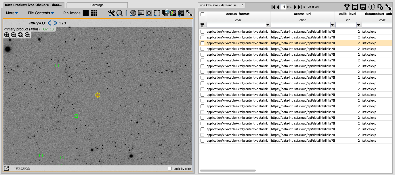 Screenshot of a portal query.  The left image shows and image of the sky.  The right image shows the data table with one row selected, that row selects the image on the left.