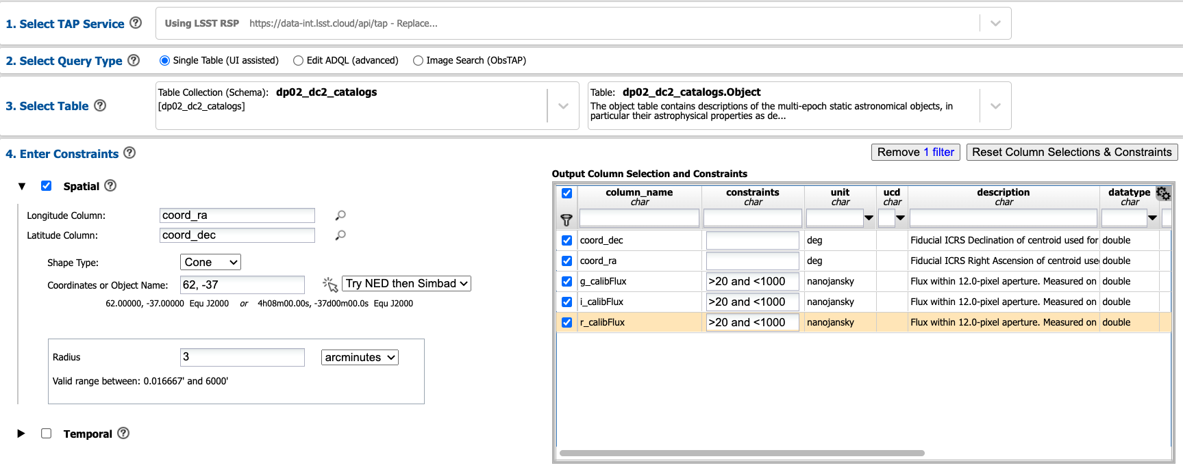 Screenshot of the rubin science platform portal query page.  The user can select the type of service, the table from which to gather data, and select attributes from the table and put constraints on those attributes.  The user may also select the number of data entries to return.