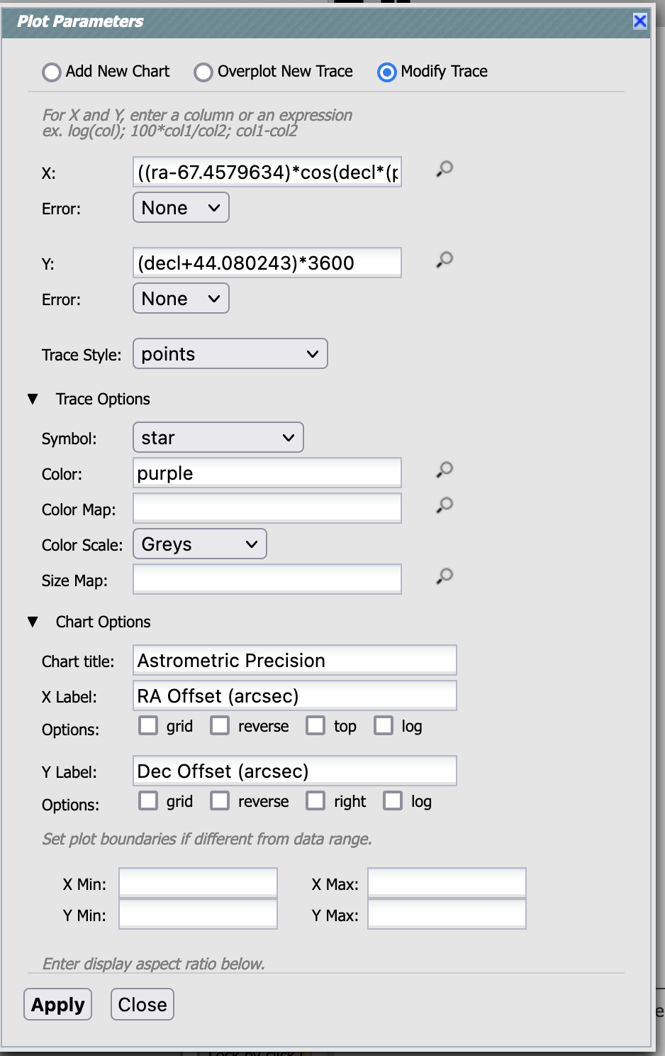 Dialog box to add plot parameters for an astrometric scatter plot.