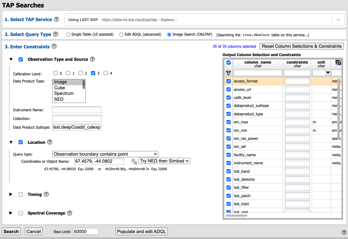 The default view of the RSP Portal’s user interface is shown in this image. From this window a user can select information to customize their search parameters for type of service, type of tables, search constraints, and select the number of rows to return.