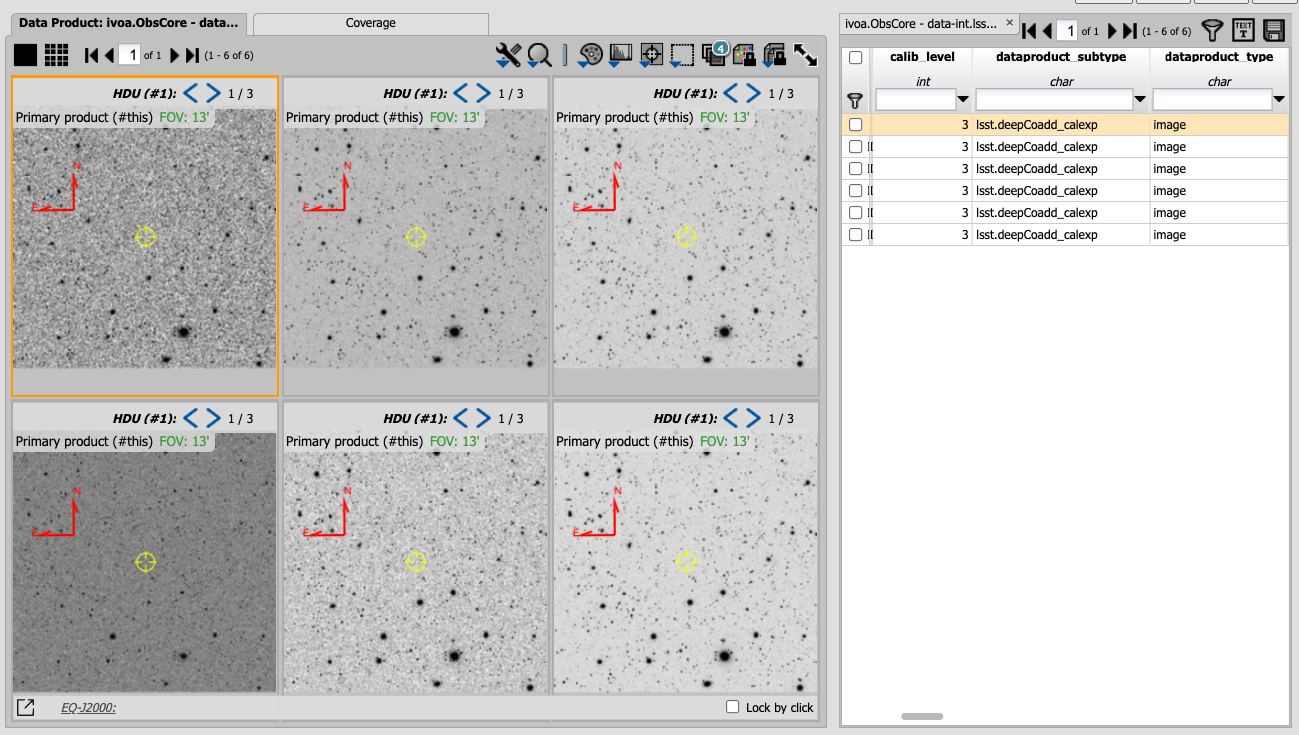 A screenshot of the default view for image display of six separate co-add images. The side panel on the right has a list of each of the coadd images and some of the descriptive information for the images.