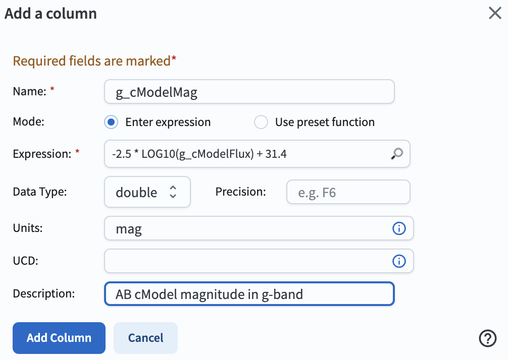 The pop-up window to add a new column, with entry field boxes to define the derived column.