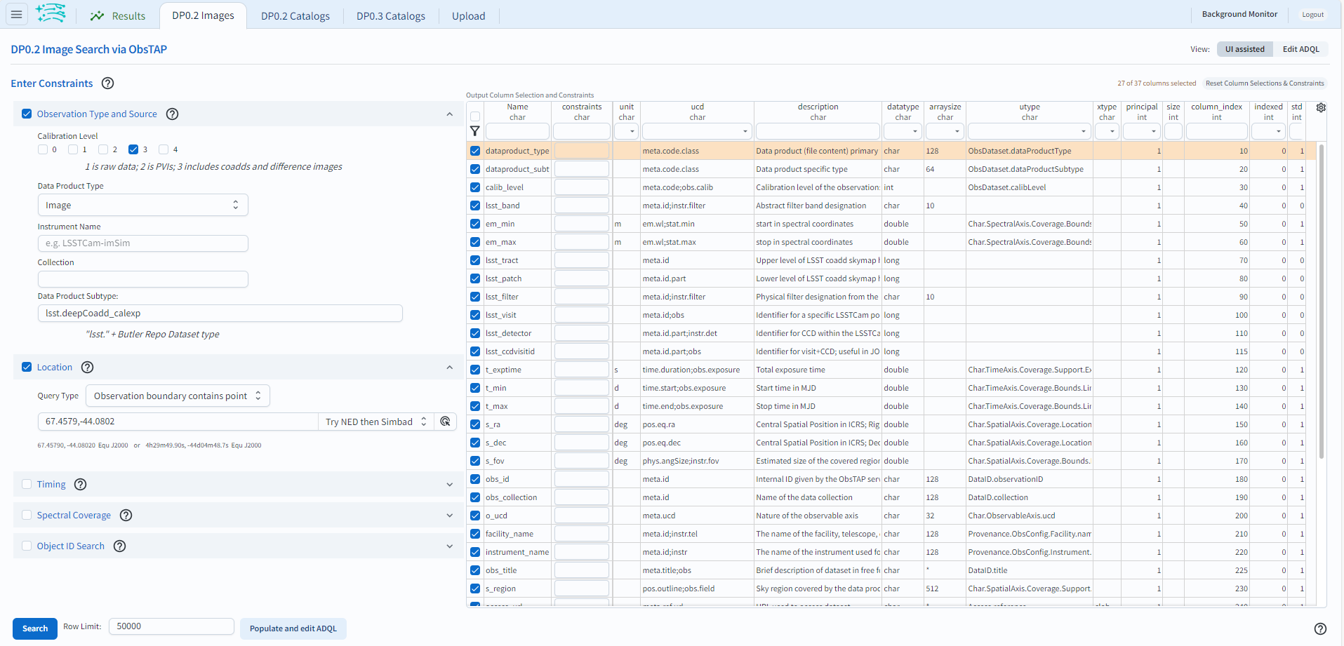 The default view of the RSP Portal’s user interface is shown in this image. From this window a user can select information to customize their search parameters for type of service, type of tables, search constraints, and select the number of rows to return.