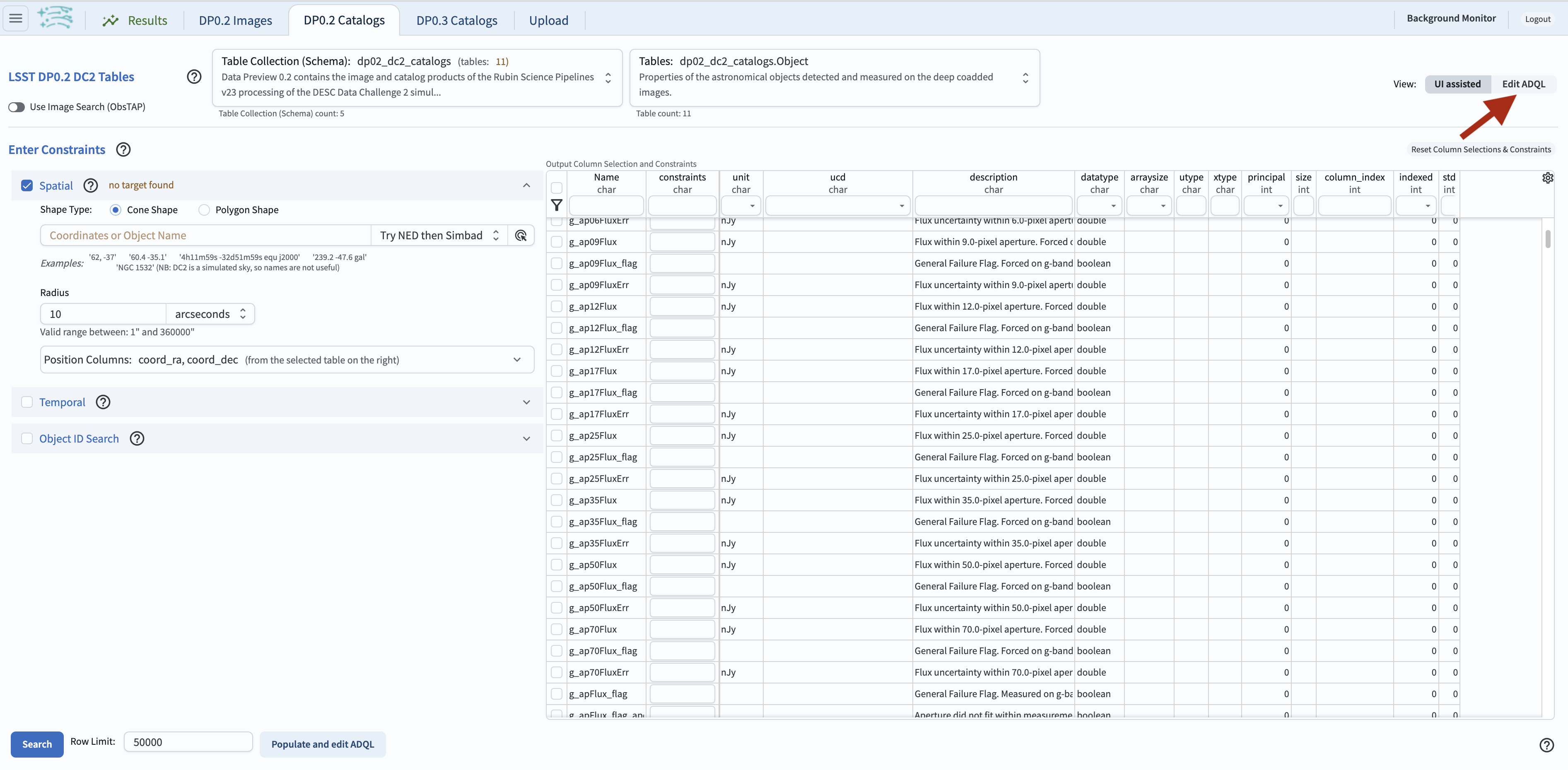 A screenshot of the ADQL Query view of the Portal user interface.