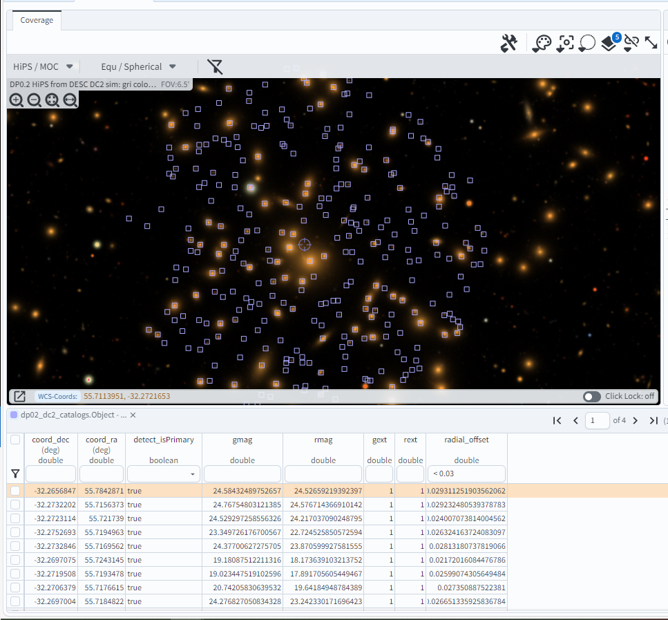 The sky image view of the galaxy cluster, with purple squares marking all objects within 0.03 degrees of the center.