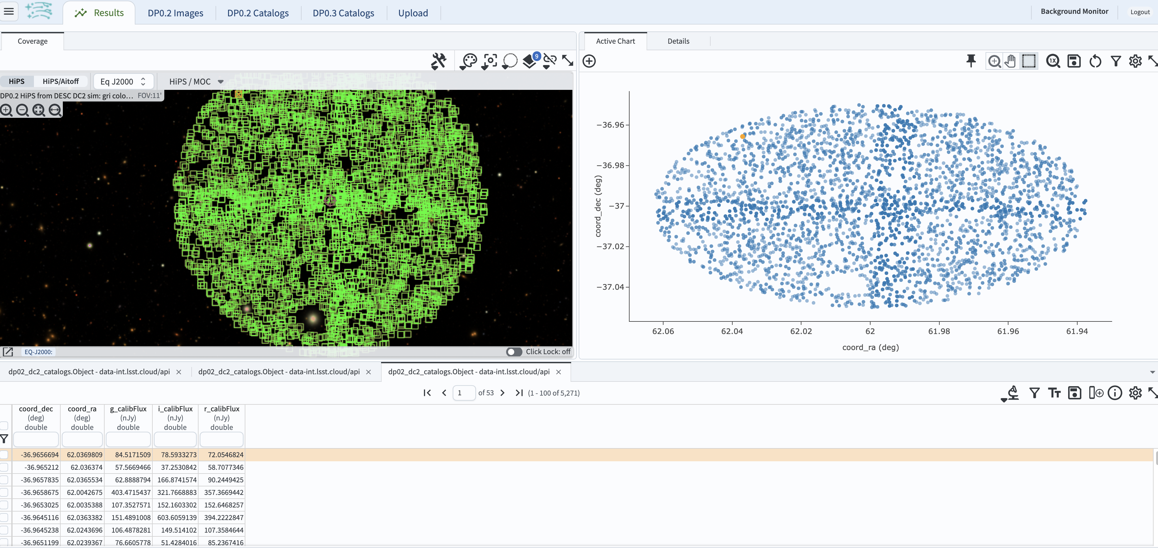 Rubin science platform portal search results are displayed in this image.  The left top panel shows an image of the sky.  The right to panel has a scatter plot of objects and the bottom panel shows the data table from the search.