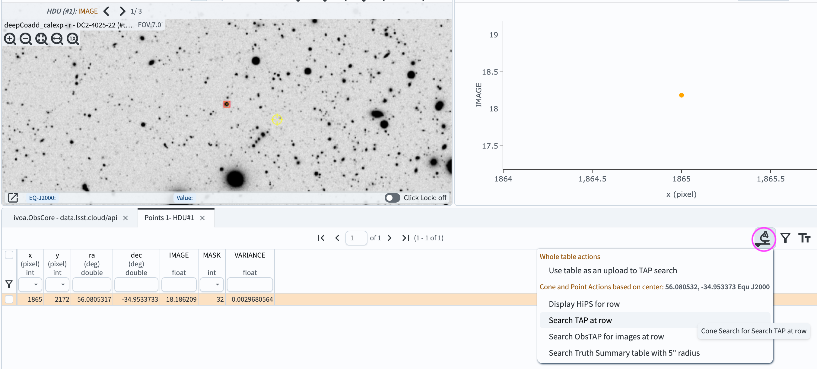 A screenshot showing a selected point on the image, displayed in the active chart (right panel) and pinned table (bottom panel), with a pop-up window offering TAP search options based on the selected table.