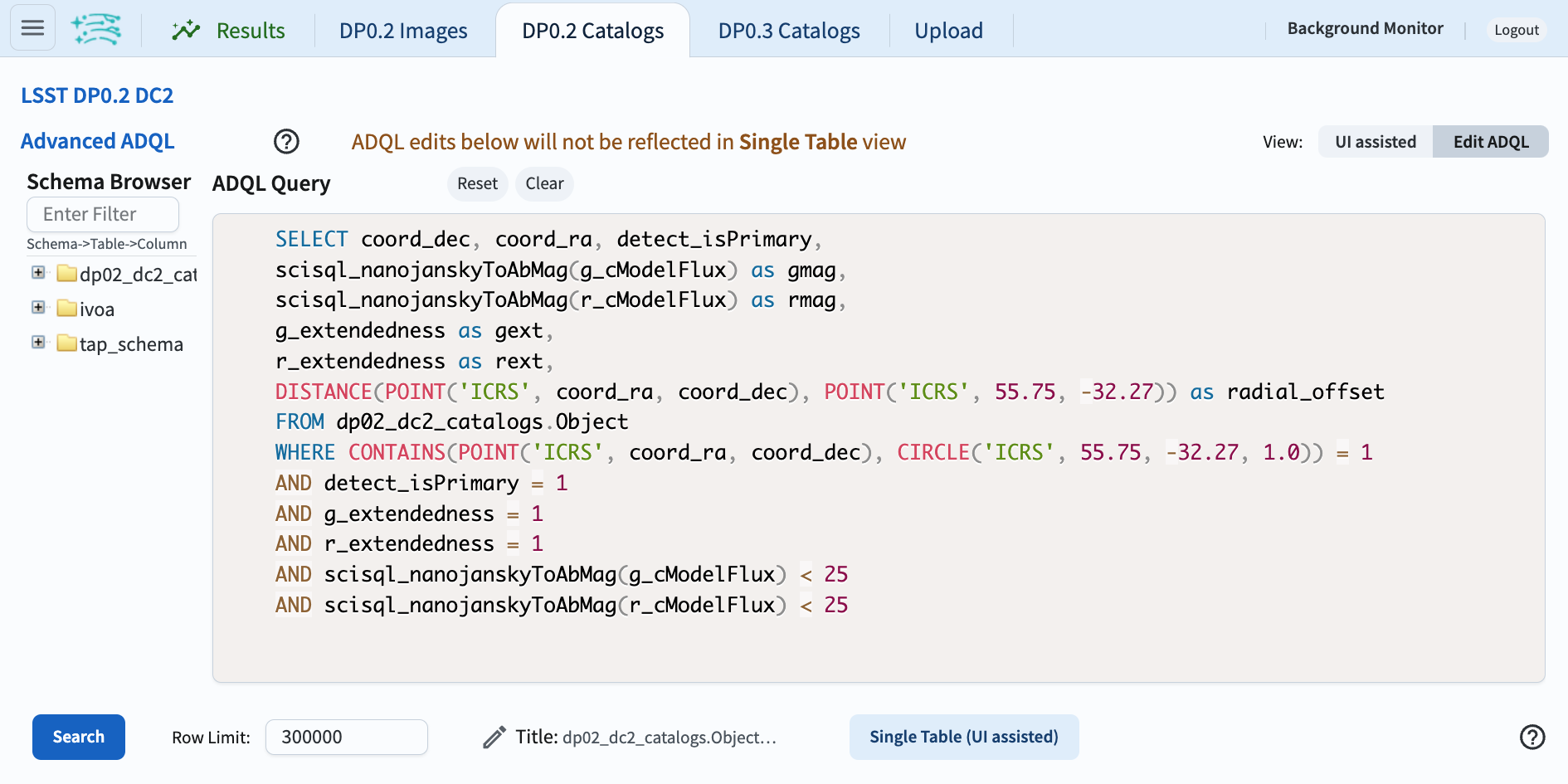 Screenshot of the Portal Aspect's ADQL query entry page, showing the query given above pasted into the query box and the Search button at lower left.